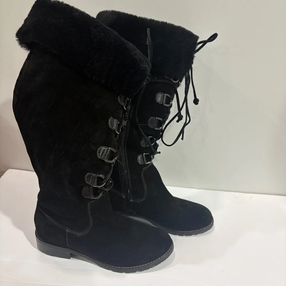 Sofft Black Suede Shearling Fur Trim Lace Up Tall Winter Boots Womens 6M Y2K